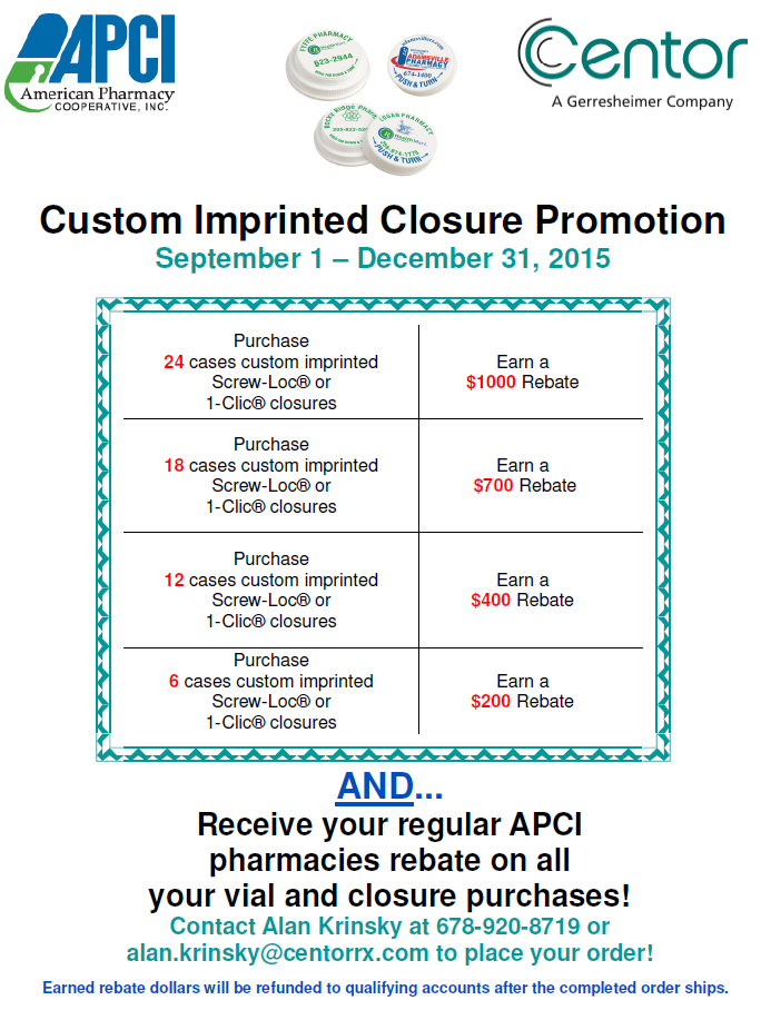 Centor Imprinted Closure Promotion - Fall 2015