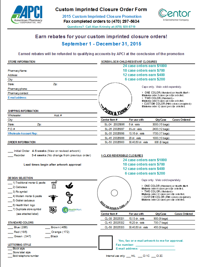 Centor Imprinted Closure Order Form - Fall 2015