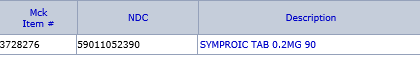 Screenshot of Symproic information on McKesson OneStop