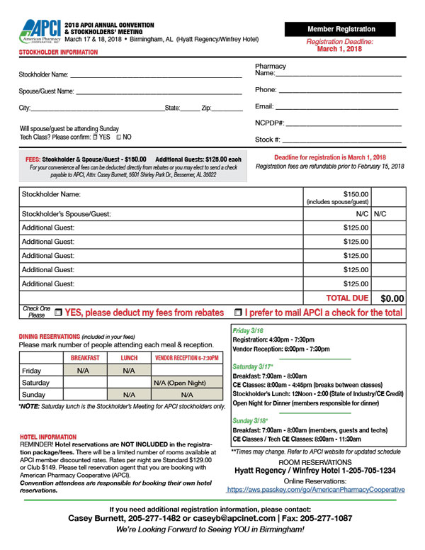 2018 APCI Annual Convention member registration form