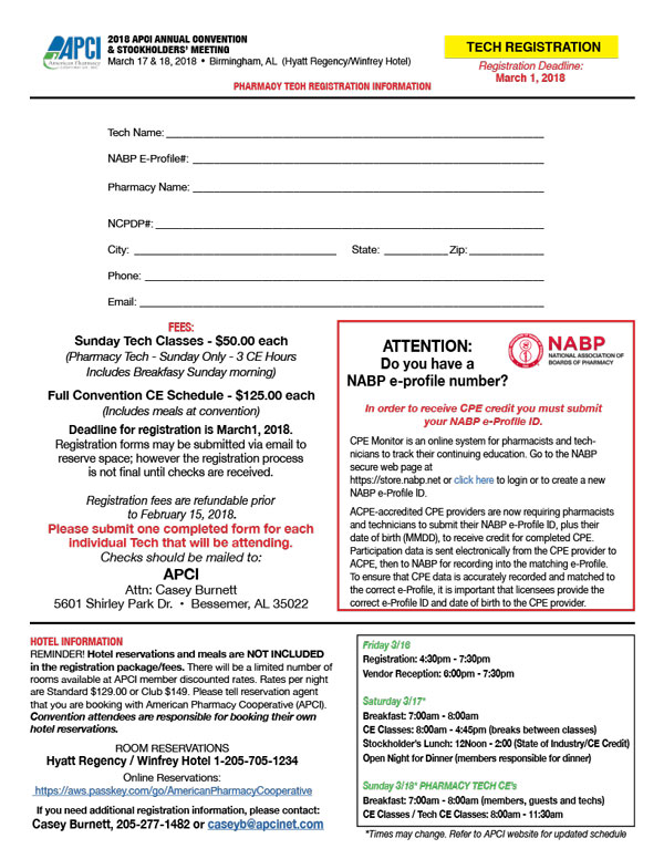 2018 APCI Annual Convention pharmacy tech registration form