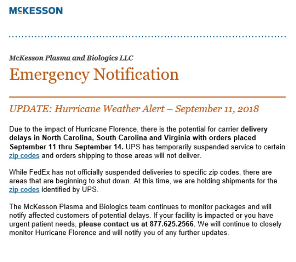 McKesson emergency notification regarding hurricane Florence