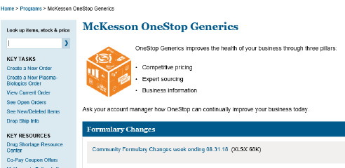 McKesson OneStop formulary changes screenshot