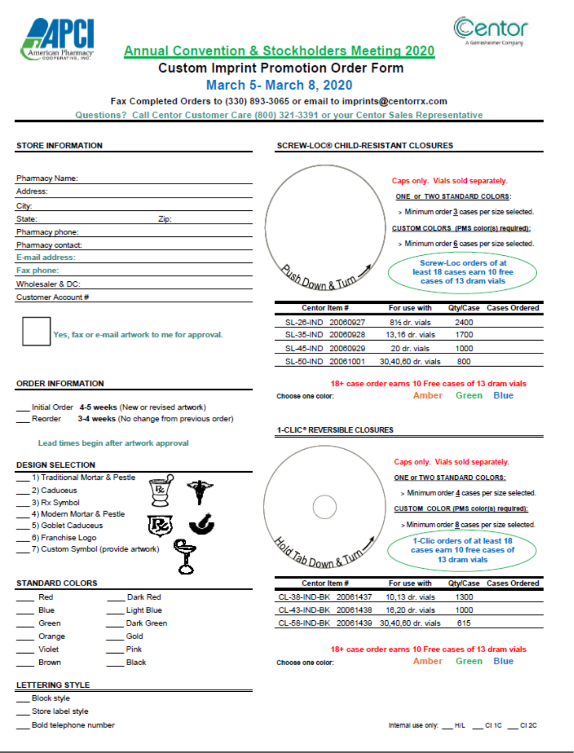 Centor APCI convention special order sheet