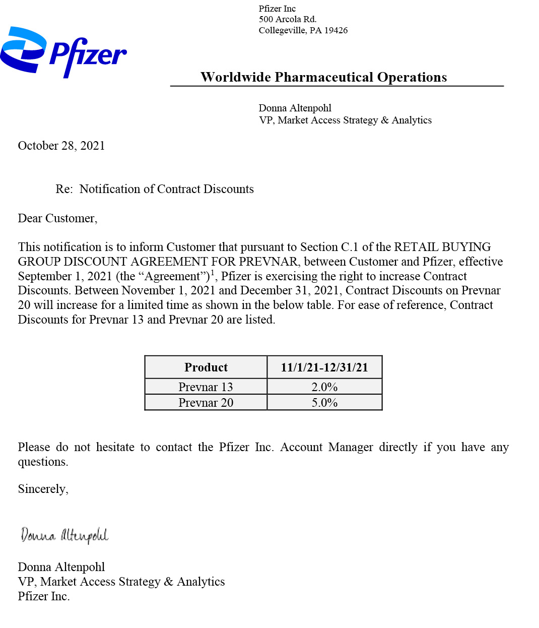 Pfizer discount letter