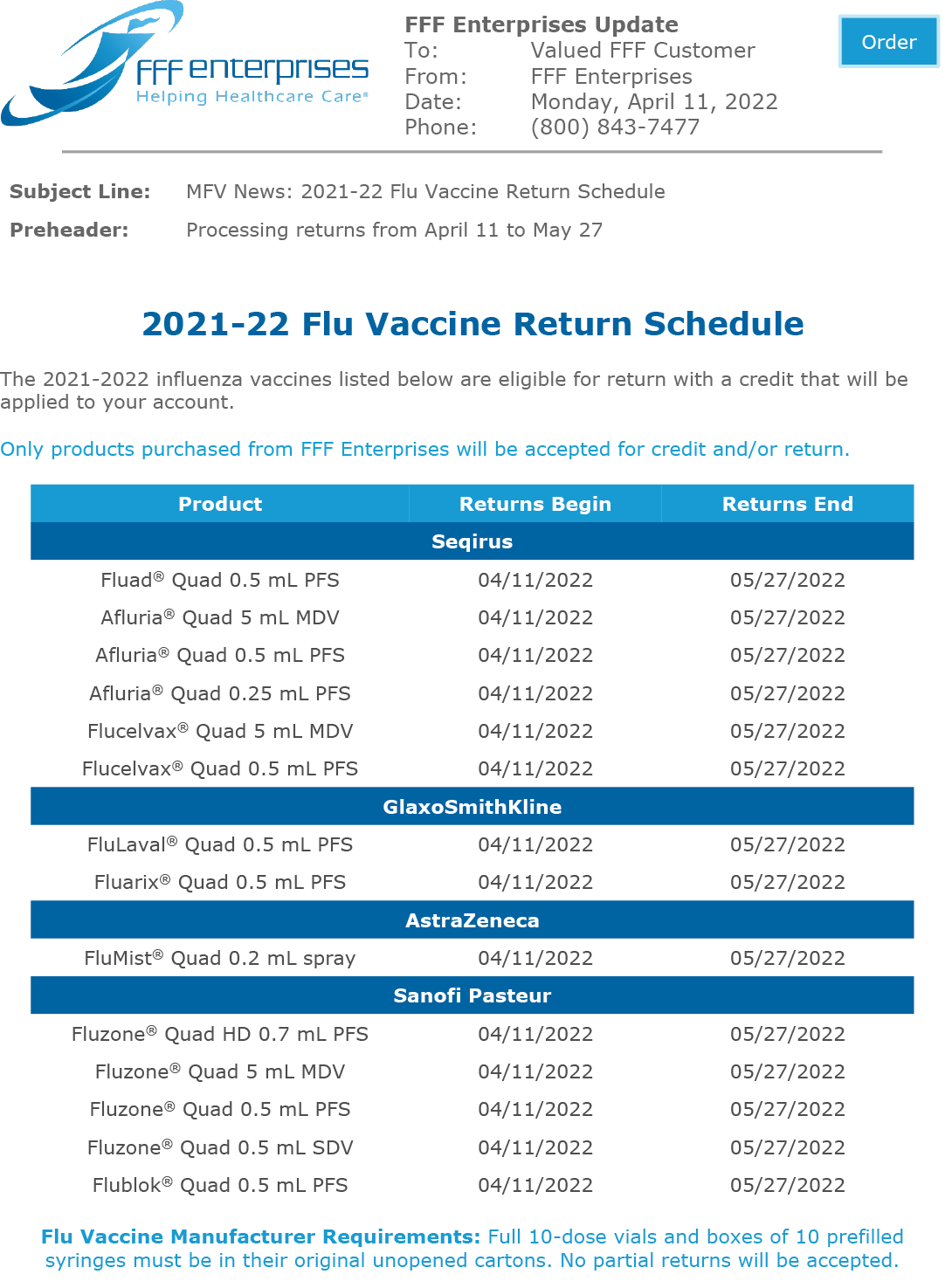 FFF Enterprises flu vaccine returns information