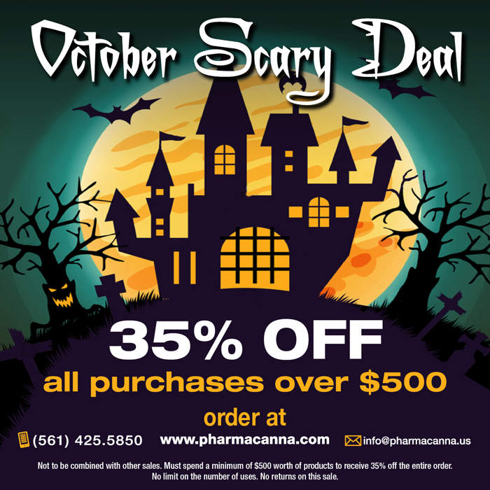 Halloween-themed ad for PharmaCanna October promotion with 35 percent off sale