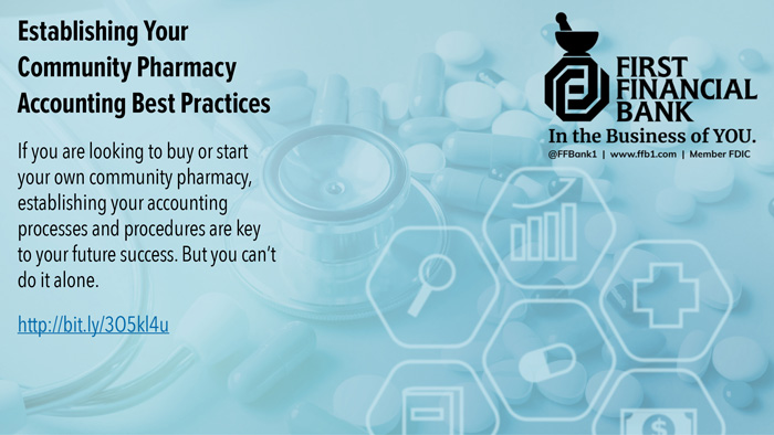 First Financial Bank promo image focused on pharmacy accounting best practices with a link to the bank website