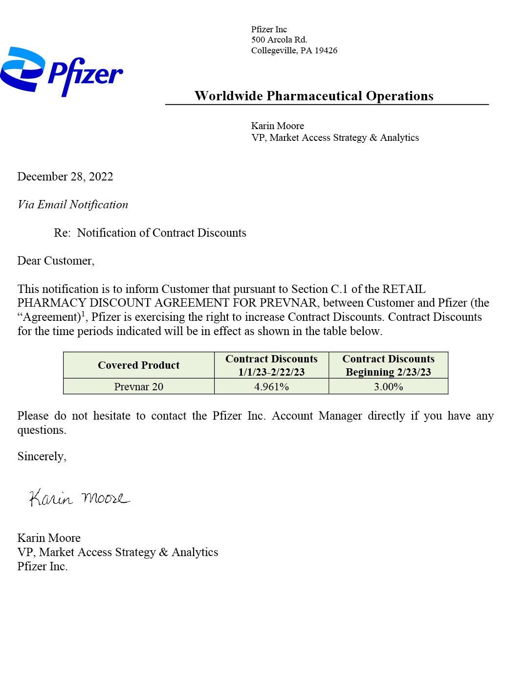 Pfizer price notification letter