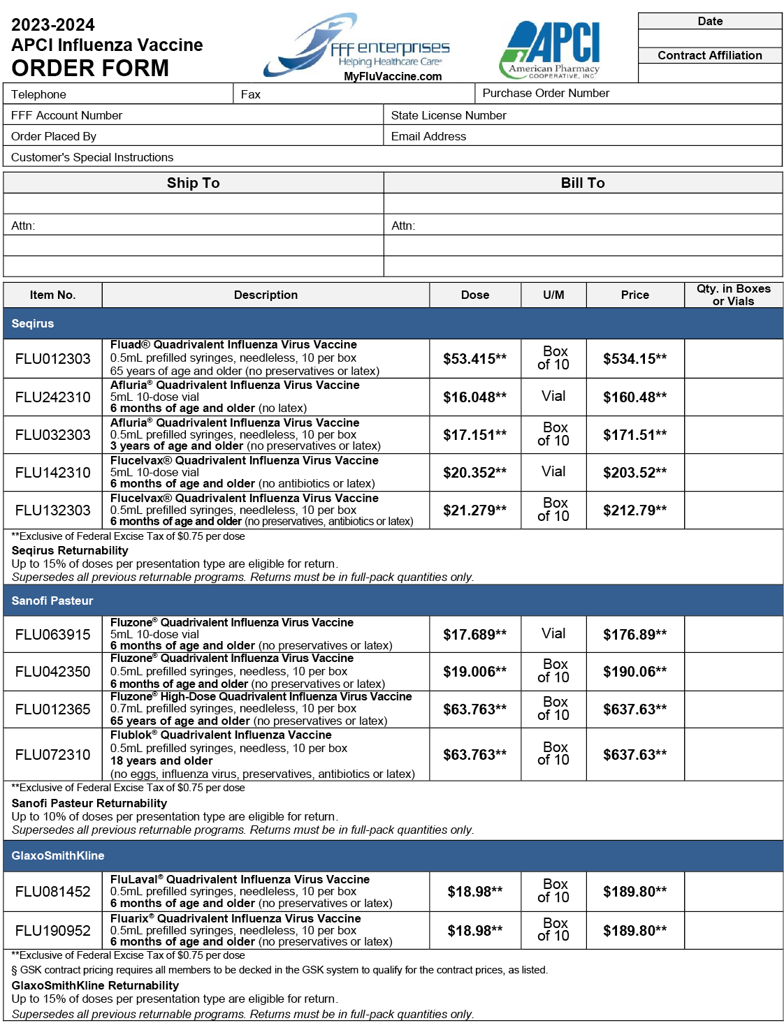 FFF Enterprises flu vaccine order form page 1