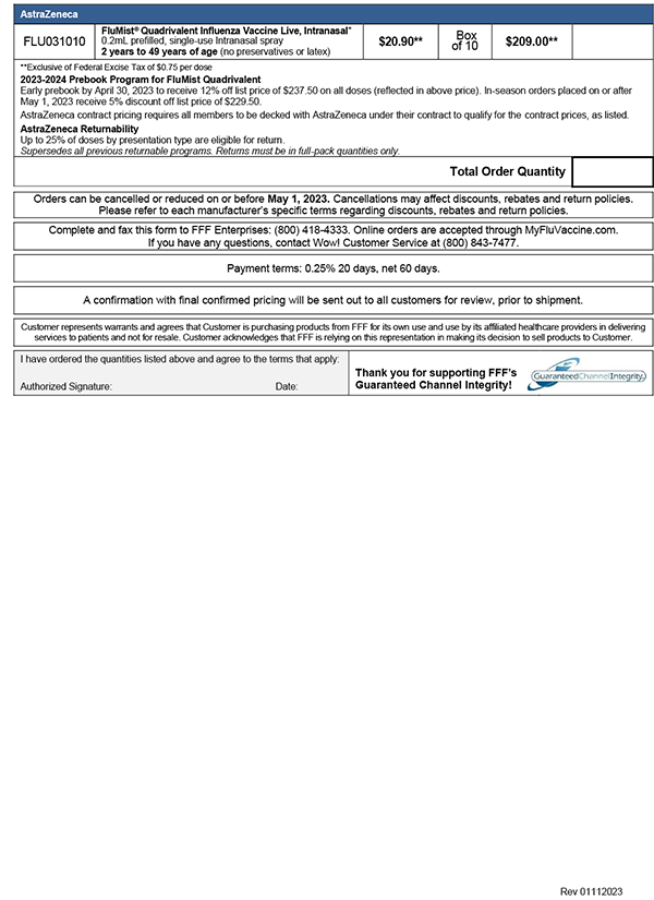 FFF Enterprises flu vaccine order form page 2