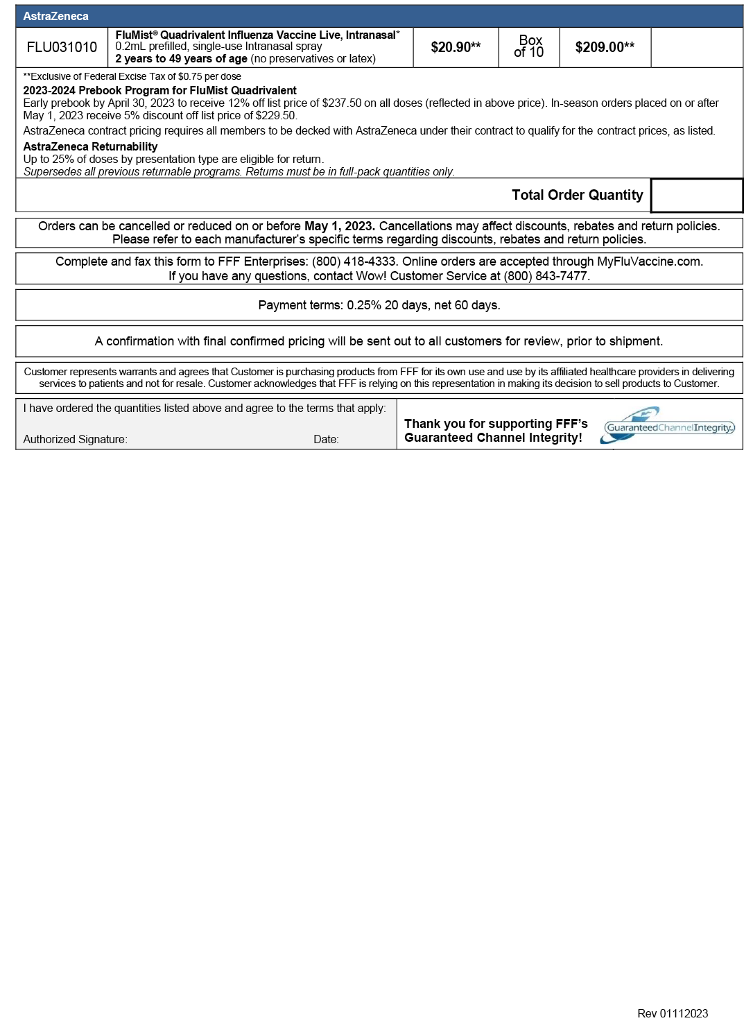 FFF Enterprises flu vaccine order form page 2