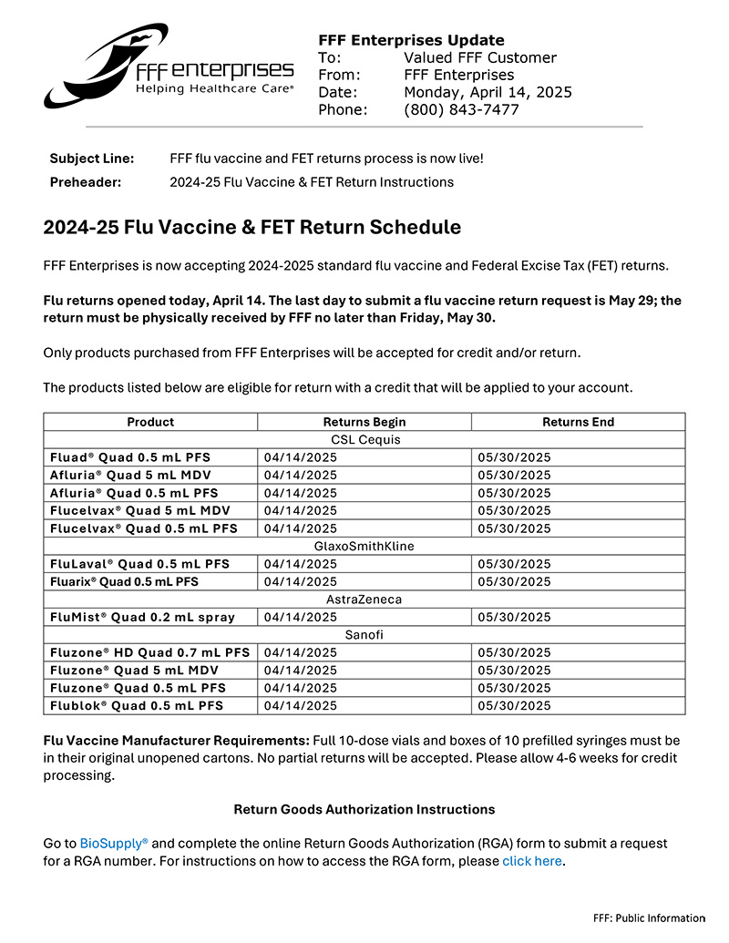 FFF Enterprises Vaccine Returns form