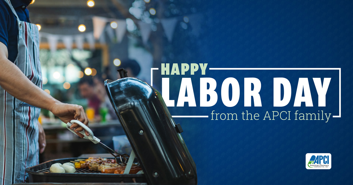scene with a man cooking various meats on a grill with a Labor Day message from APCI
