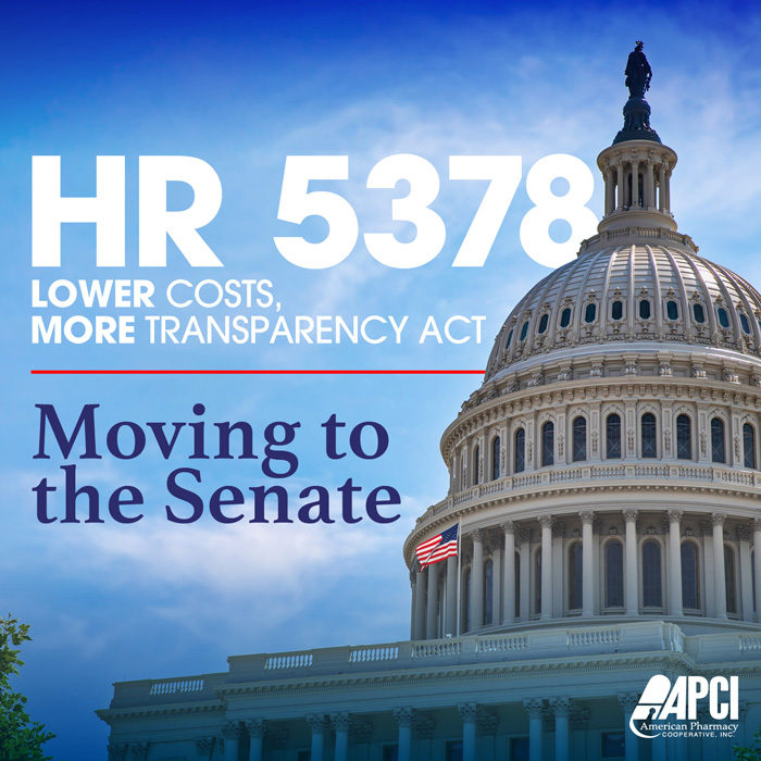 Image of the U.S. Capitol overlaid with text HR 5378: Lower Costs More Transparency Act Moving to the Senate