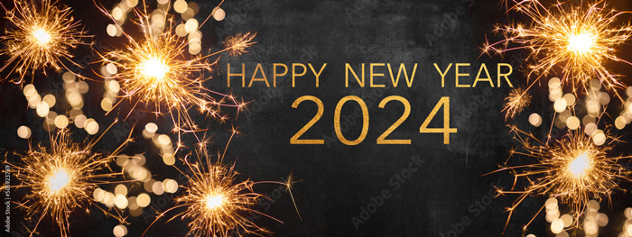 Happy New Year 2024 text in gold on a dark background surrounded by golden sparklers