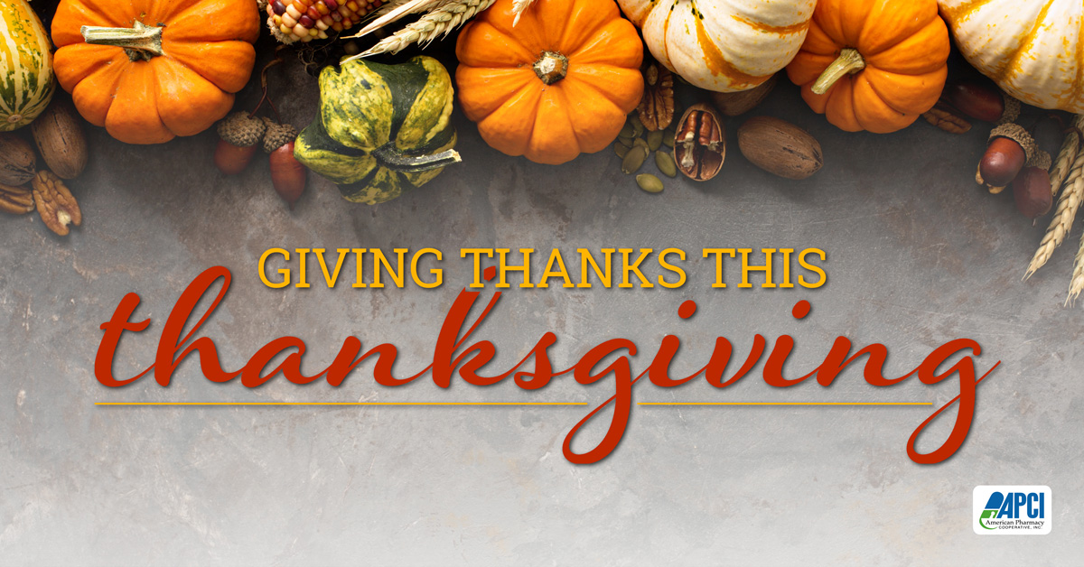 Thanksgiving APCI graphic featuring a row of pumpkins, the words Giving Thanks This Thanksgiving and the APCI logo