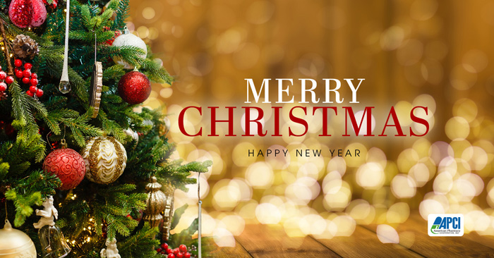 an image of a decorated Christmas tree with a holiday greeting message from APCI