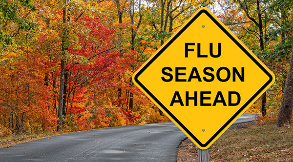 A yellow traffic caution sign on a forested road announcing Flu Season Ahead