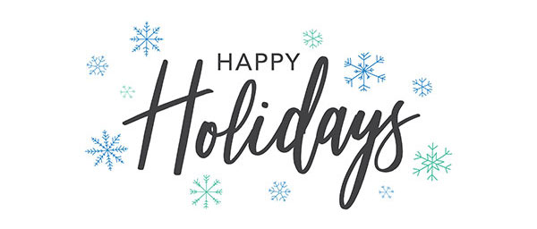 The words Happy Holidays surrounded by graphics of blue snowflakes