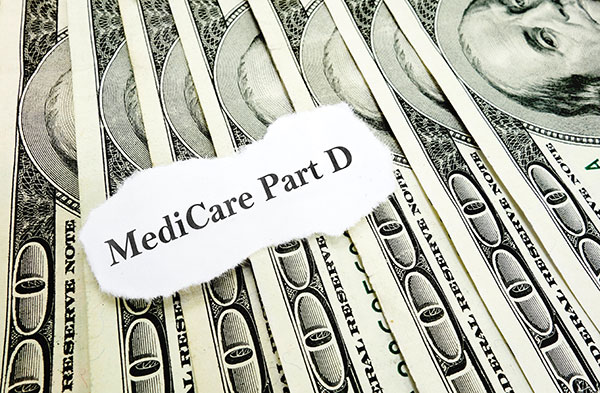 The words Medicare Part D overlaid on an image of several one hundred dollar bills spread out in a fan shape