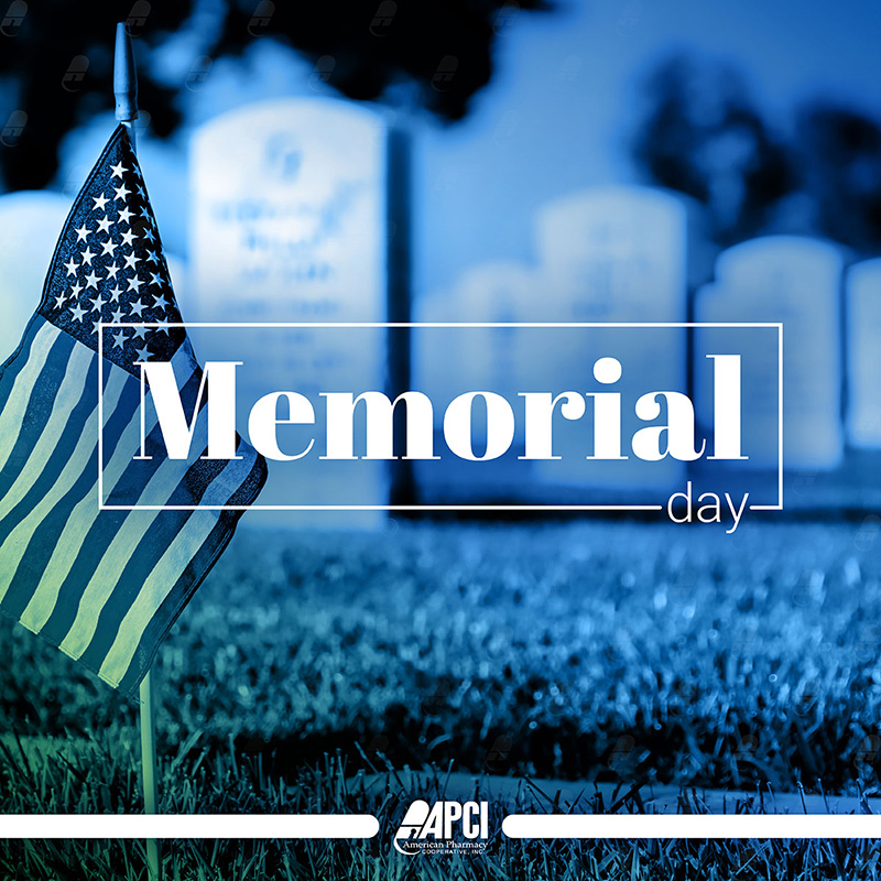 a photo of a small American flag in a military cemetery overlaid with the words Memorial Day