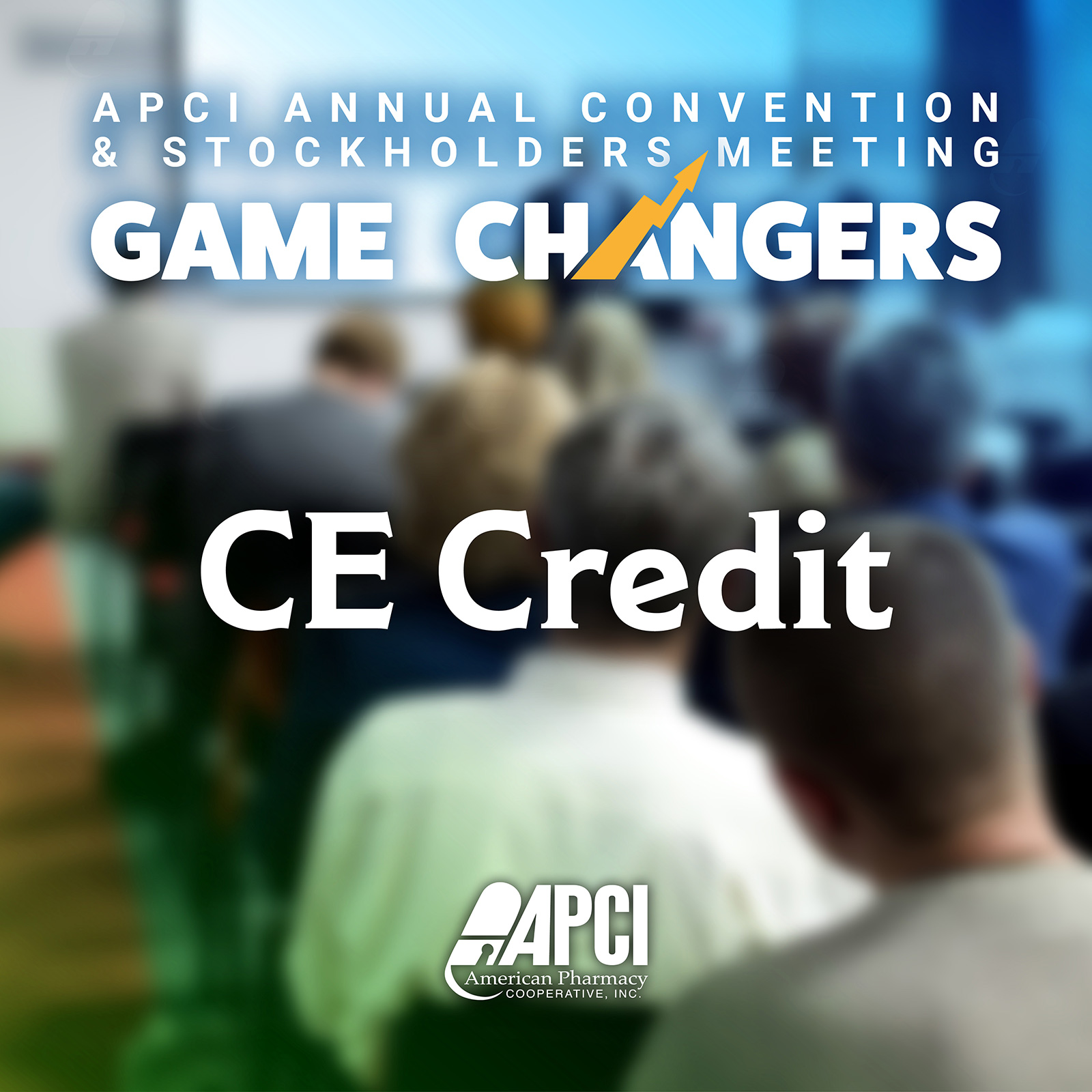 A view of a presentation seen from behind with attendees heads visible. The text overlay reads APCI Annual Convention and Stockholders Meeting - Game Changers - CE Credit