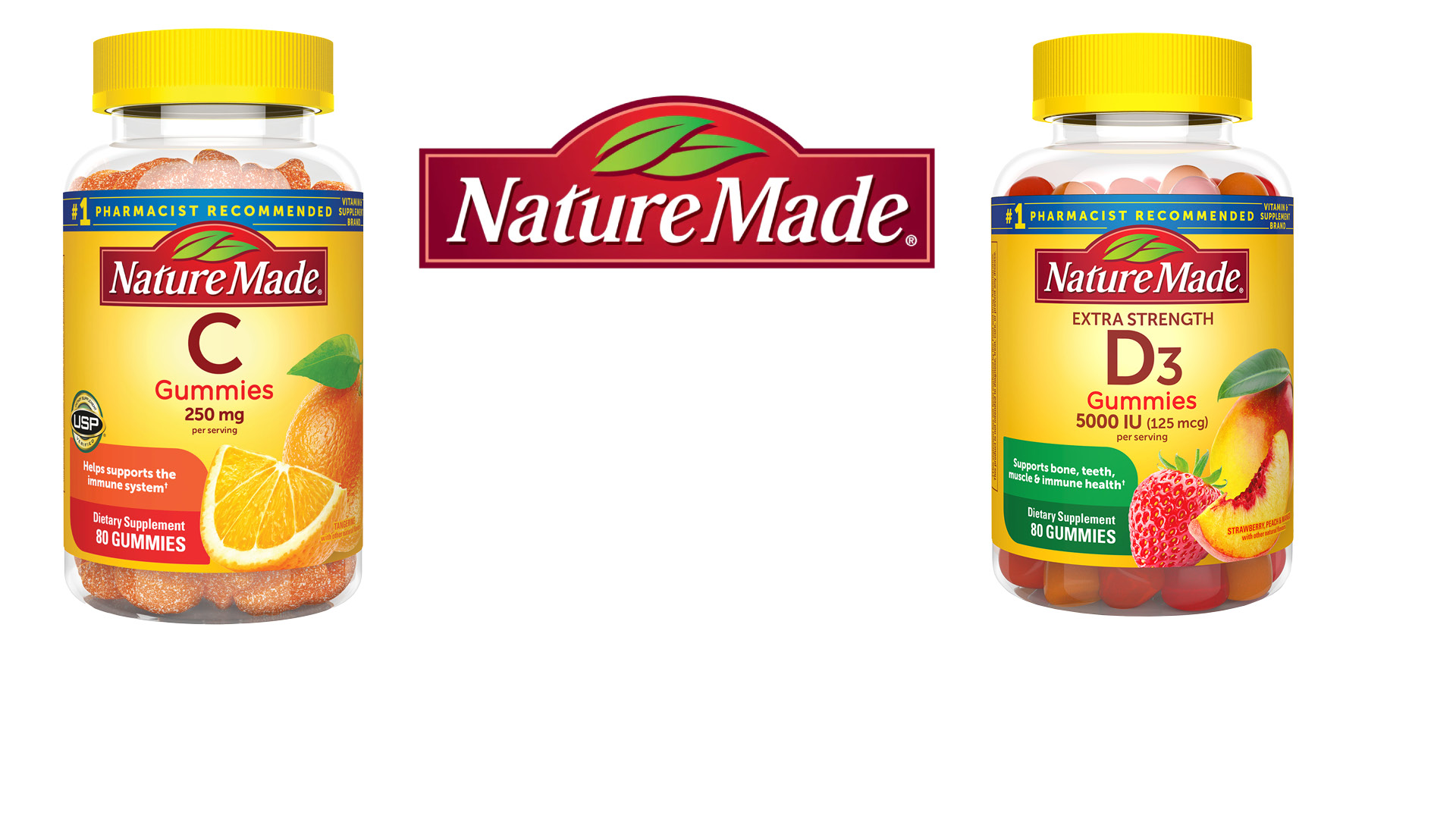 An image of two bottles of NatureMade Adult Gummies located to either side of the NatureMade logo
