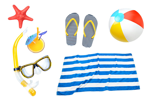 A variety of summer-related images, including a diving mask and snorkel, a beach ball, a beach towel, flip flops, and more.