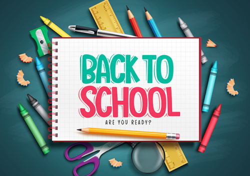 A back to school promotion image featuring various school supplies
