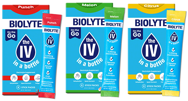 Images of punch, melon, and citrus Biolyte Powder Stick packages