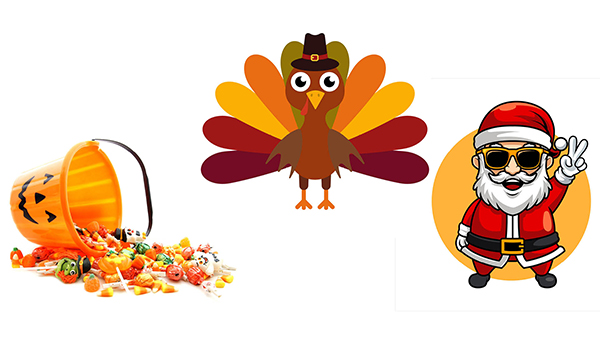 Holiday icons for Halloween, Thanksgiving, and Christmas featuring a jack-o-lantern bucket of candy, an anthropomorphic turkey, and Santa Claus wearing sunglasses and flashing a peace sign