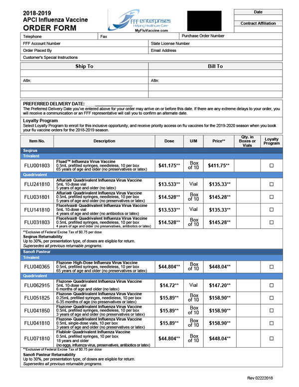 FFF Enterprises 2018-2019 flu vaccine order form